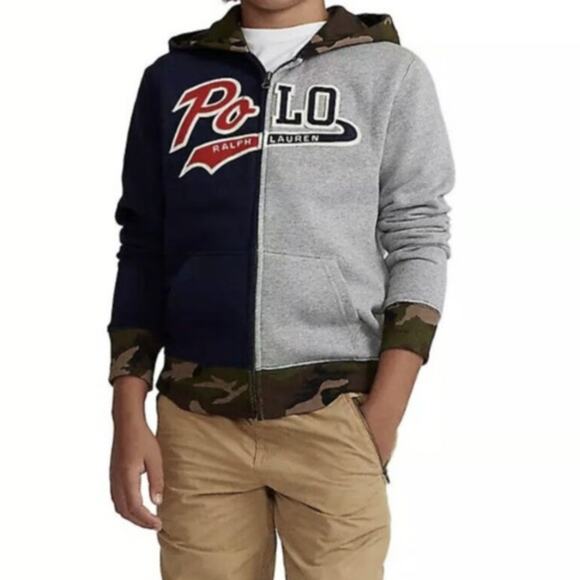 Polo Ralph Lauren Colorblock Hoodie Sweater in Gray/Navy/Camo Size Kids L 14/16 - Picture 1 of 11